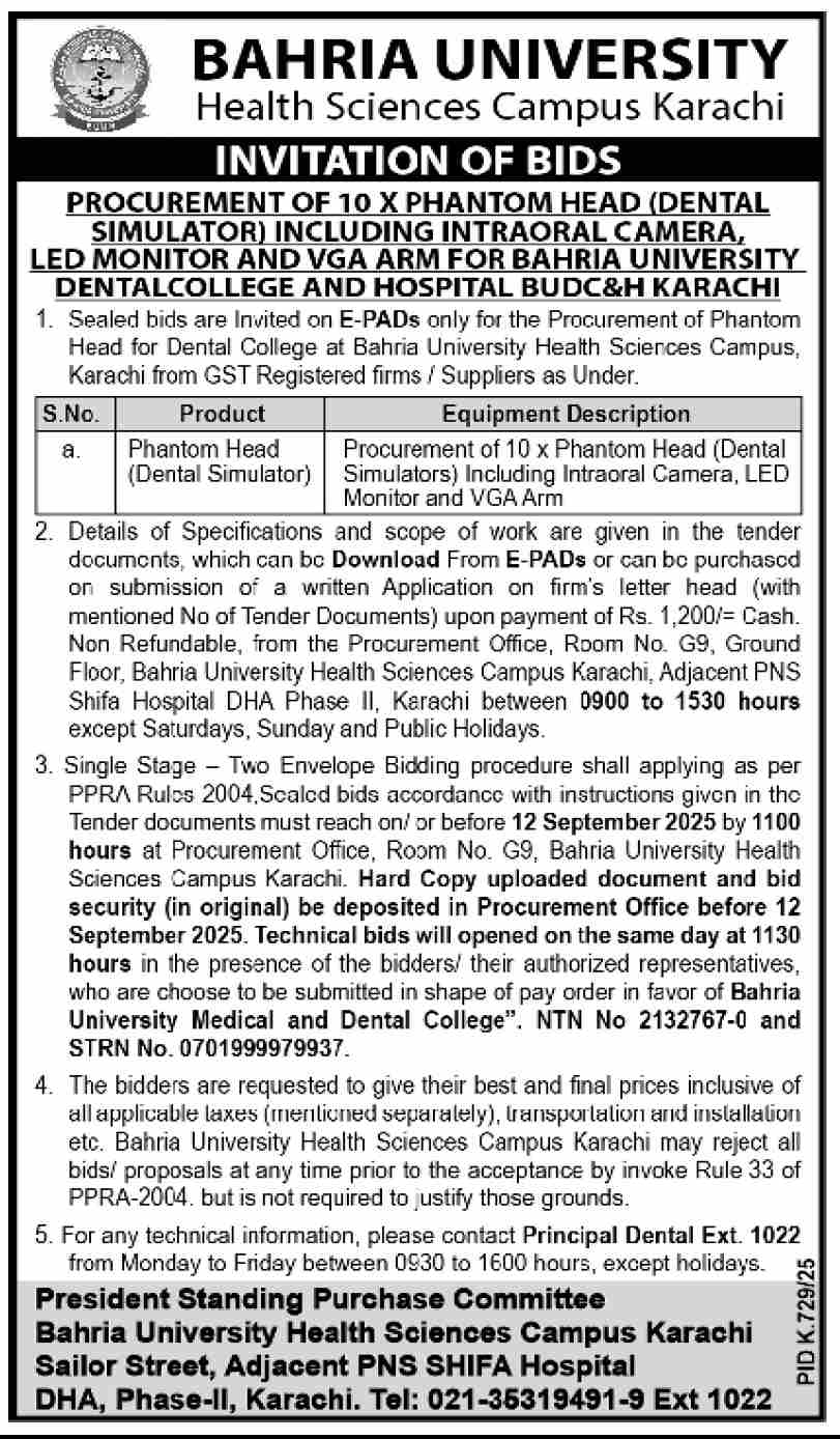 Bahria University Karachi Tender Notice